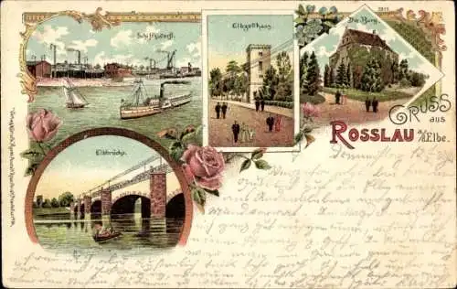 Litho Roßlau an der Elbe Anhalt, Schiffswerft, Elbzollhaus, Burg, Elbbrücke