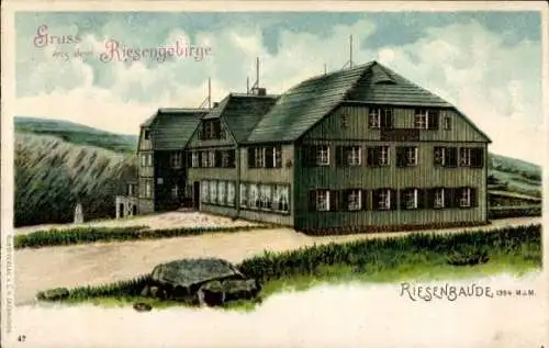 Litho Pec pod Sněžkou Petzer Riesengebirge Region Königsgrätz, Riesenbaude, Bouda v Obřím Dole