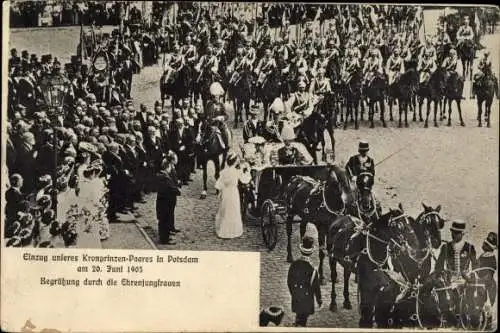 Ak Potsdam, Einzug des Kronprinzenpaares 1905, Begrüßung durch Ehrenjungfrauen