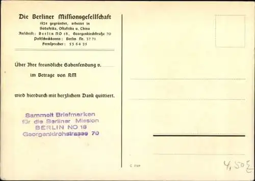 Ak Berlin Friedrichshain, Berliner Missionsgesellschaft, Georgenkirchstraße 70, Spendenquittung