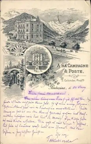 Litho Pontresina Kanton Graubünden Schweiz, Hotel, Gesamtansicht