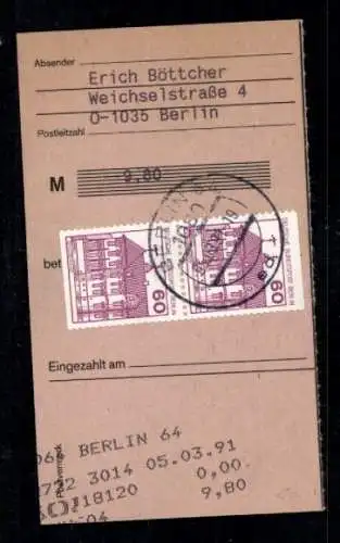 Michel Nr. 611 C/A (Paar) auf Postanweisungs-Empfängerabschnitt