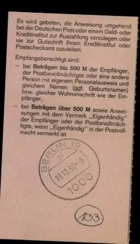 Michel Nr. 795, 799 auf Eilboten-Postanweisungs-Empfängerabschnitt