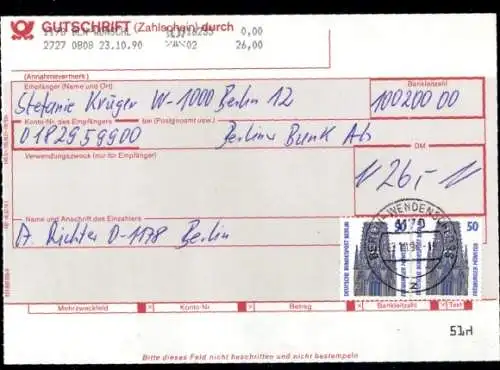 Michel Nr. 794 (2) auf Gutschrift, Zahlschein