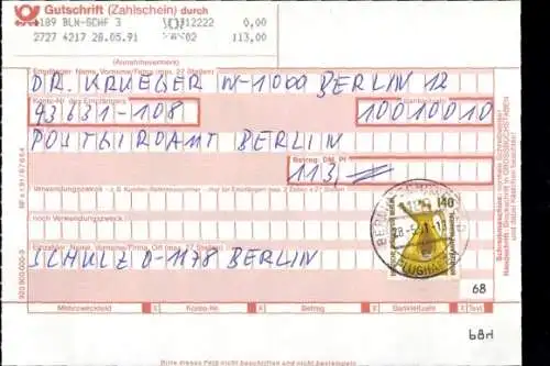 Michel Nr. 832 auf Gutschrift, Zahlschein