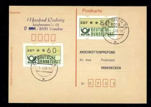 Deutsche Bundespost, Automatenmarken auf Anschriftenprüfung