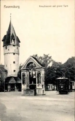 Ak Ravensburg in Württemberg Oberschwaben, Kreuzbrunnen, Grüner Turm
