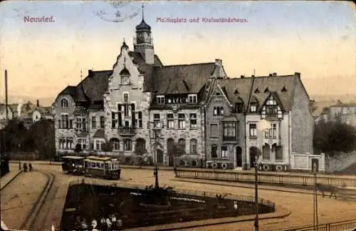 Ak Neuwied am Rhein, Moltkeplatz, Kreisständehaus, Straßenbahn