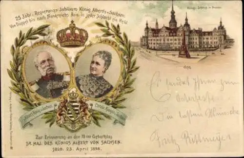 Litho König Albert von Sachsen, 70. Geburtstag 1898, Königin Carola, Schloss in Dresden
