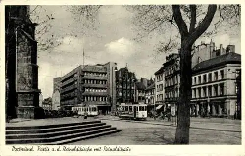 Ak Dortmund im Ruhrgebiet, Reinoldikirche, Reinoldihaus, Straßenbahn