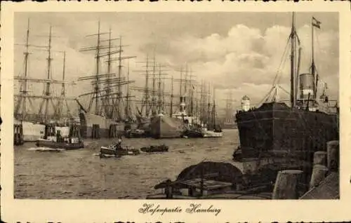 Ak Hamburg, Hafen, Segelschiffe, Dampfschiff
