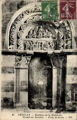 Ak Vézelay Yonne, Basilique de la Madeleine, Portail du Narthex, Porte de droite