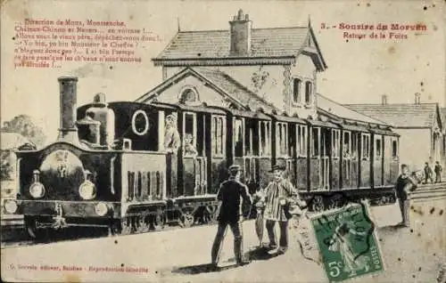 Ak Baguer Morvan Ille et Vilaine, Retour de la Foire, Bahnhof, Gleisseite, Mann in Tracht