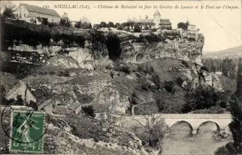 Ak Souillac Lot, Chateau de Belcastel en face les Grottes de Lacave, Pont sur l'Ouysse