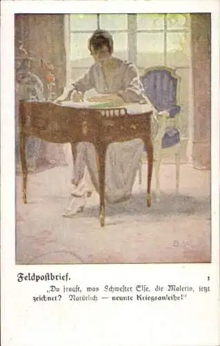 Künstler Ak Wennerberg, Bruno, Feldpostbrief, Frau beim Schreiben, neunte Kriegsanleihe