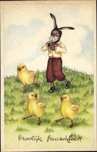Ak Glückwunsch Ostern, Vermenschlichter Hase, tanzende Küken