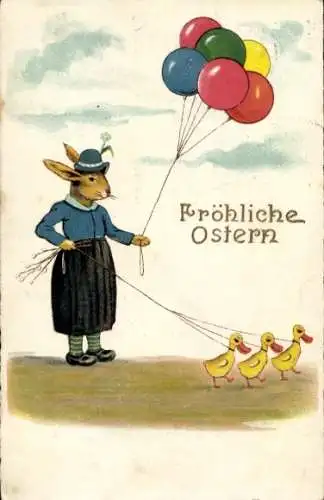 Ak Glückwunsch Ostern, Vermenschlichter Hase, Entenküken, Ballons