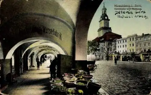 Ak Jelenia Góra Hirschberg Riesengebirge Schlesien, Kornlaube, Rathaus, Wurstfabrik