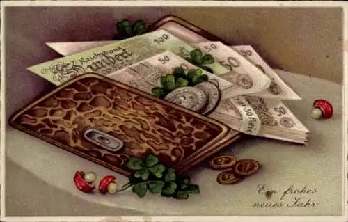 Präge Ak Glückwunsch Neujahr, Geldscheine, Münzen, Klee
