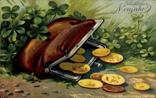 Präge Ak Glückwunsch Neujahr, Portemonnaie, Münzen, Kleeblätter