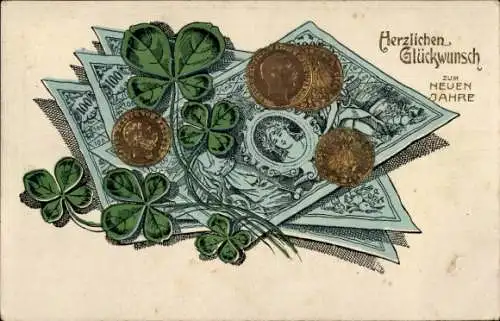 Präge Ak Glückwunsch Neujahr, Geldscheine und Münzen, Kleeblätter