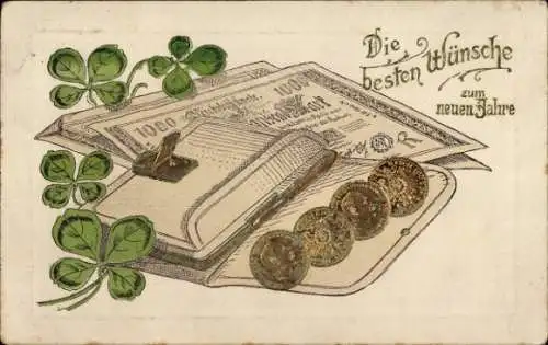 Üräge Ak Glückwunsch Neujahr, Geldscheine, Münzen, Kleeblätter