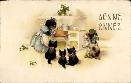 Ak Glückwunsch Neujahr, Katzen, Hund, Essen, Köchin, Küche