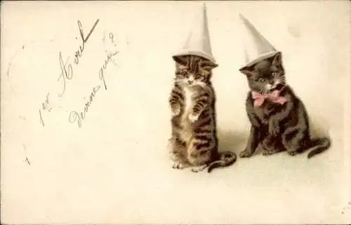 Litho Zwei junge Katzen, Spitzhut