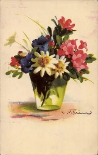 Künstler Ak Klein, Catharina, Blumenstrauß, Alpenblumen, Edelweiß, Enzian