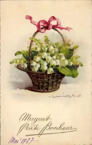 Künstler Ak Klein, Catharina, Blumenkorb, Maiglöckchen