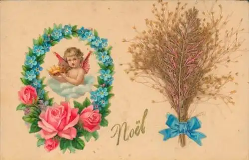Material Ak Glückwunsch Weihnachten, Engel, Blumen, Rosen, Vergissmeinnicht, Echte Pflanze