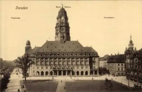 Ak Dresden Altstadt, Ringstraße, Neues Rathaus, Kreuzstraße