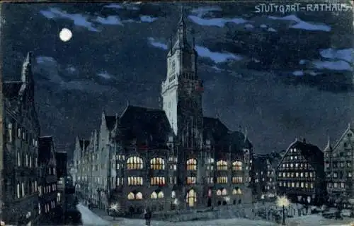 Ak Stuttgart in Württemberg, Rathaus bei Nacht