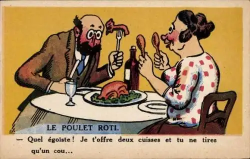 Ak Paar am Esstisch, Frau hat die Hühnerschenkel, Mann den Kopf