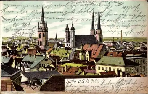 Litho Halle an der Saale, Teilansicht von Stadt über den Häuserdächern