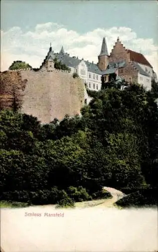 Ak Mansfeld im Harzvorland, Teilansicht des Schlosses mit Mauer