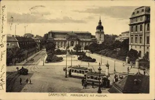 Ak Darmstadt in Hessen, Paradeplatz, Museum, Straßenbahnen