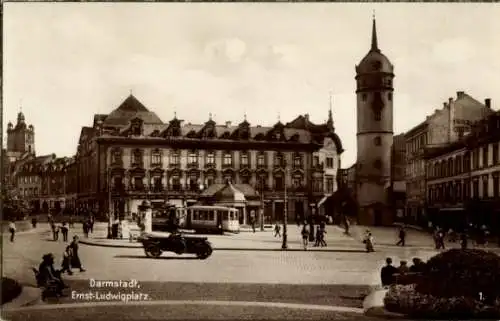 Ak Darmstadt in Hessen, Ernst-Ludwigplatz, Turm, Straßenbahn