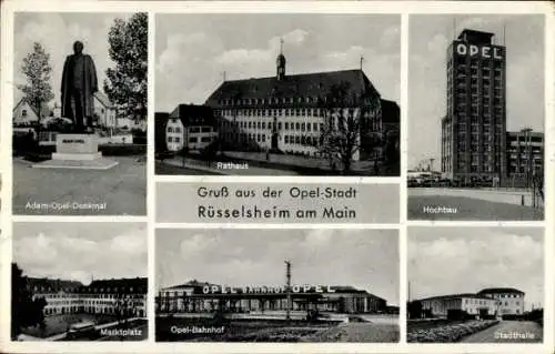 Ak Rüsselsheim Main, Adam Opel Denkmal, Rathaus, Bahnhof