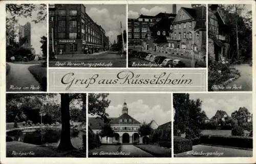 Ak Rüsselsheim am Main Hessen, Opel-Verwaltungsgebäude, ev. Gemeindehaus, Hindenburganlage, Ruine
