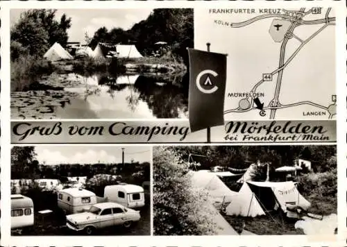 Ak Mörfelden Walldorf in Hessen, Camping, Landkarte, Fahne, Zelte, Wohnwagen