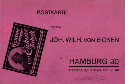 Ak Hamburg, Firma Joh. Wilh. von Eicken, von Eicken Tabak, Hoheluftchaussee 95
