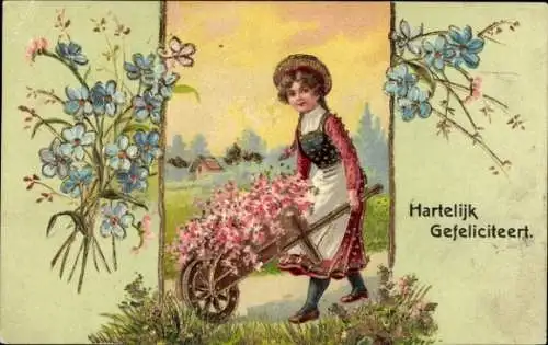 Präge Litho Glückwunsch Geburtstag, Mädchen mit einer Schubkarre, Blumen