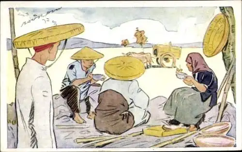 Künstler Ak Vietnam, Le riz d'Indo Chine, repas des Moissonneurs