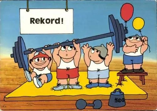 Künstler Ak Mainzelmännchen, Gewichtheben, Rekord