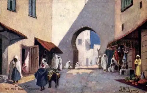 Künstler Ak Long, L. M., Mogador Marokko, The Sok Gate, Araber, Straßenpartie, Tuck 7428