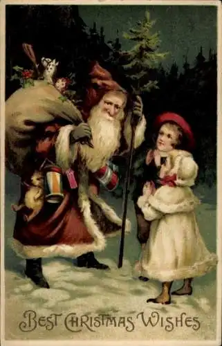 Präge Ak Glückwunsch Weihnachten, Weihnachtsmann, Geschenkesack, Kinder