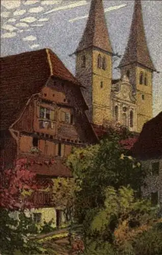 Künstler Ak Schlatter, Ernst E., Zürich Stadt Schweiz, Hofkirche mit dem alten Kaplanenhaus