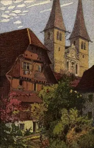 Künstler Ak Schlatter, EE, Zürich Stadt Schweiz, Hofkirche mit dem alten Kaplanenhaus