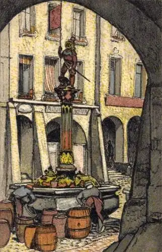 Künstler Ak Bern Stadt Schweiz, Blick auf einen Brunnen, Fässer, Torbogen, Landesausstellung 1914